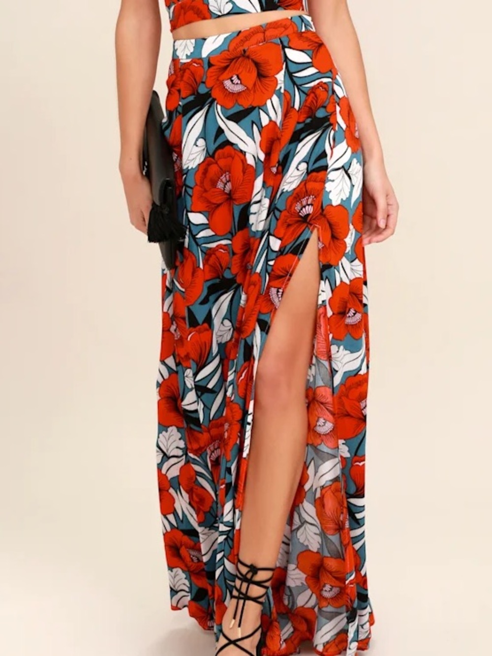 LuLus Red Floral Print Maxi Skirt Size S